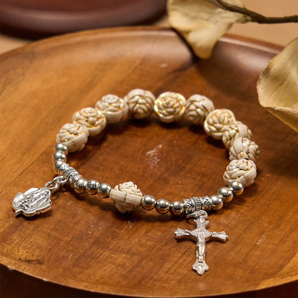 Christianartworkshop Artistically Sculpted 10mm White Rose Bead Bracelet with Crucifix: Edgy Spiritual Blossom - image 2