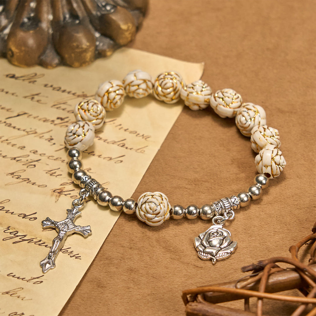 Christianartworkshop Artistically Sculpted 10mm White Rose Bead Bracelet with Crucifix: Edgy Spiritual Blossom - Rose - image 1