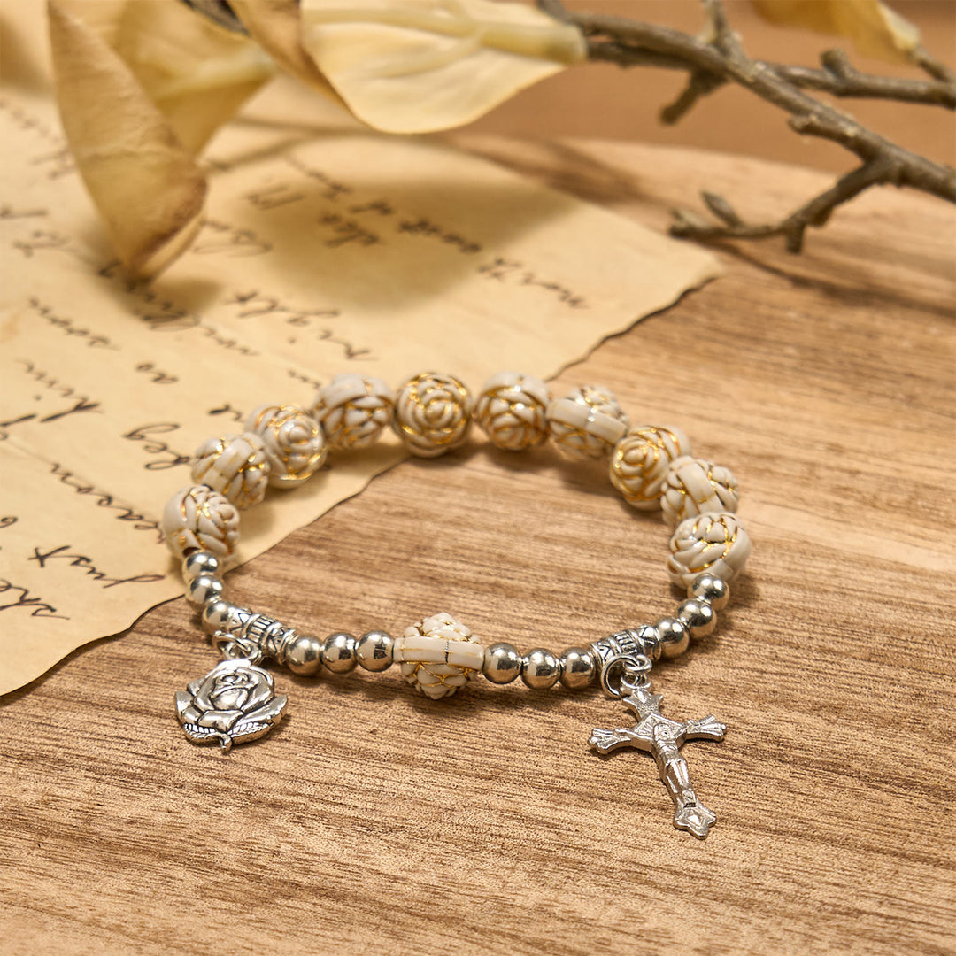 Christianartworkshop Artistically Sculpted 10mm White Rose Bead Bracelet with Crucifix: Edgy Spiritual Blossom - image 5