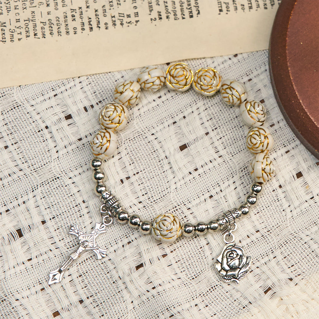 Christianartworkshop Artistically Sculpted 10mm White Rose Bead Bracelet with Crucifix: Edgy Spiritual Blossom - image 3