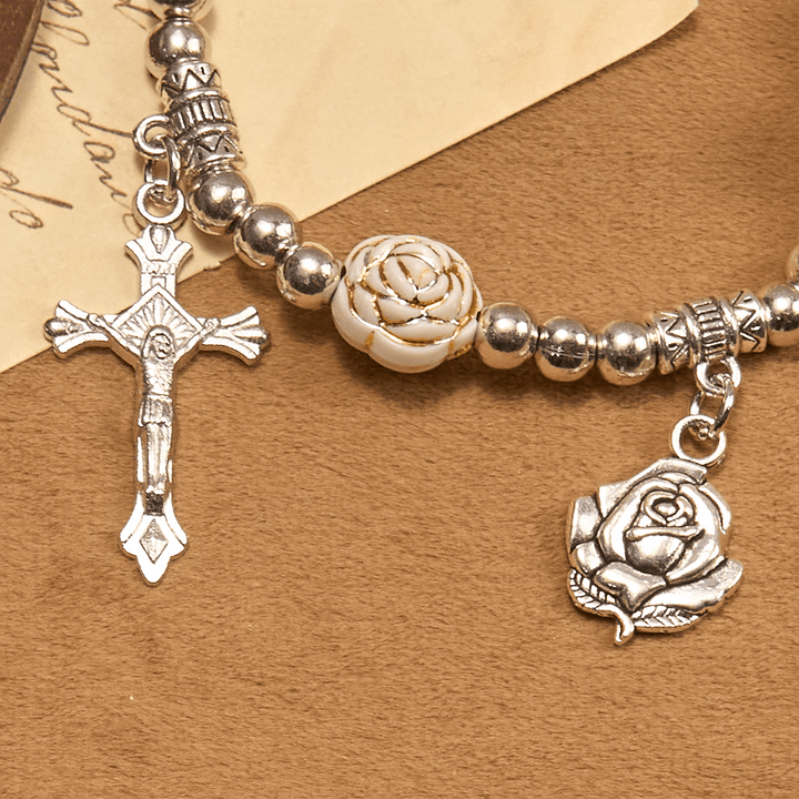Christianartworkshop Artistically Sculpted 10mm White Rose Bead Bracelet with Crucifix: Edgy Spiritual Blossom - image 6