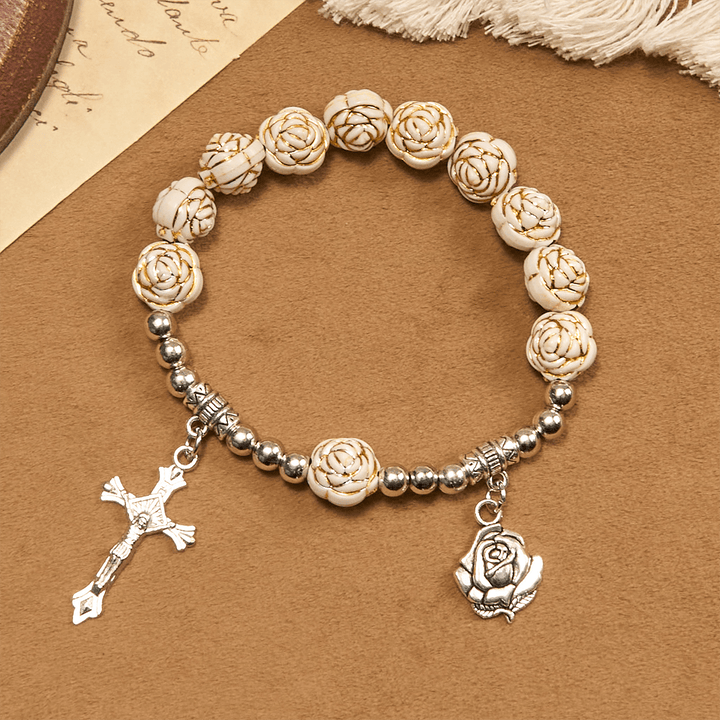 Christianartworkshop Artistically Sculpted 10mm White Rose Bead Bracelet with Crucifix: Edgy Spiritual Blossom - image 4