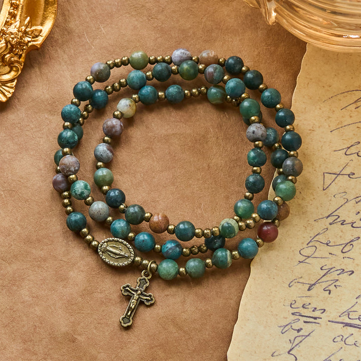 Christianartworkshop Earth-Toned Multicolor Round Beads with Bronze Miraculous Medal & Crucifix Rosary and Bracelet