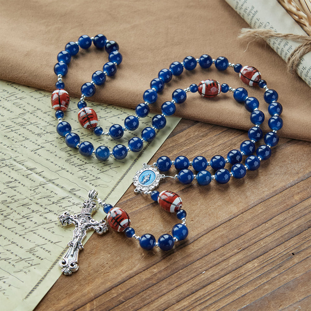 Christianartworkshop Sports Prayer Football Dark Blue Beads Rosary with Miraculous Medal & Crucifix: Unite Faith and Sport