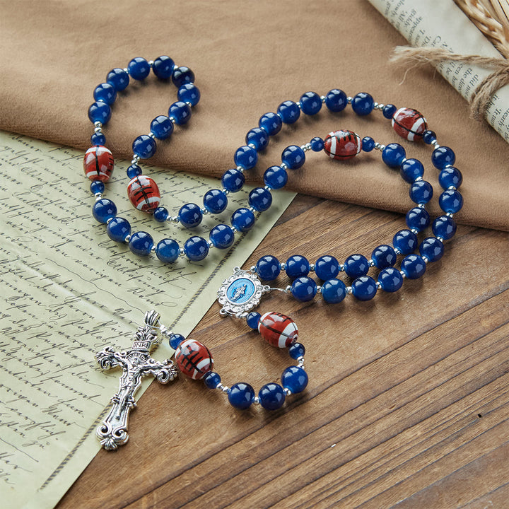 Christianartworkshop Sports Prayer Football Dark Blue Beads Rosary with Miraculous Medal & Crucifix: Unite Faith and Sport