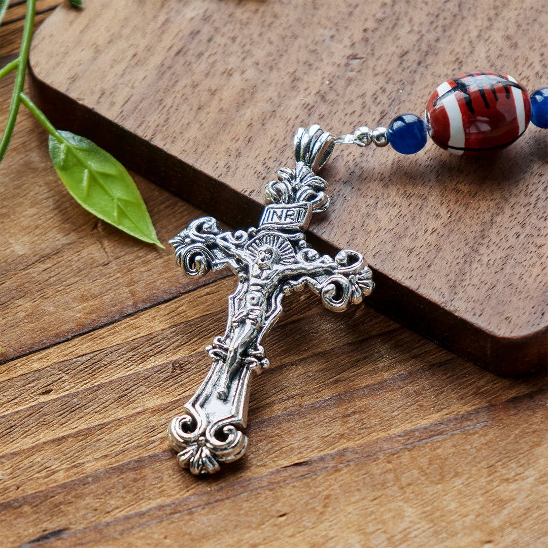 Christianartworkshop Sports Prayer Football Dark Blue Beads Rosary with Miraculous Medal & Crucifix: Unite Faith and Sport