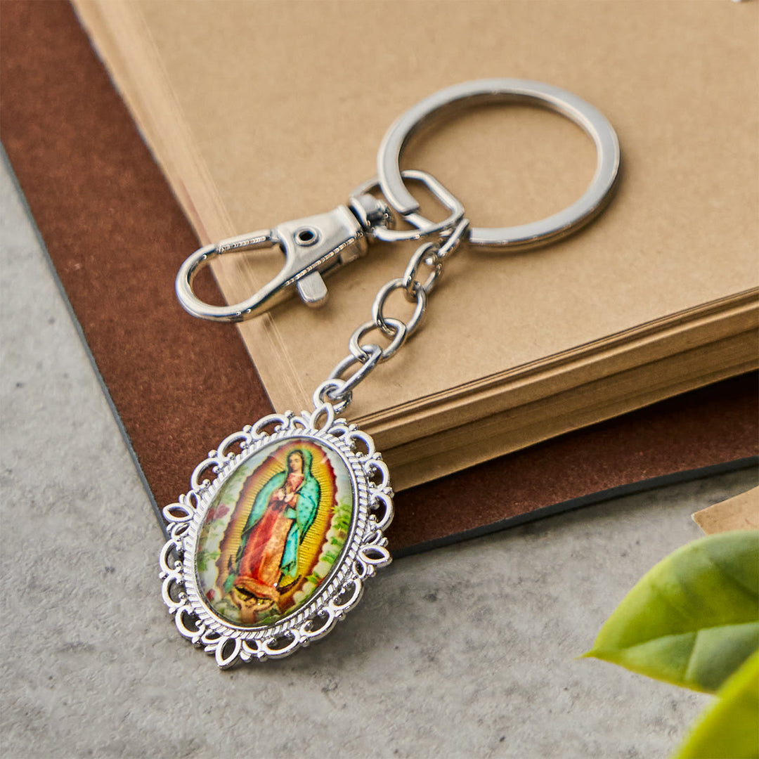 Christianartworkshop Our Lady Medal Keychain with Dove and Blossom Patterns: Ideal for Baptism Gifting - Flower Framed - image 5