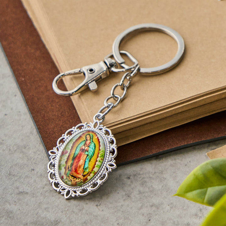 Christianartworkshop Our Lady Medal Keychain with Dove and Blossom Patterns: Ideal for Baptism Gifting - Flower Framed - image 5
