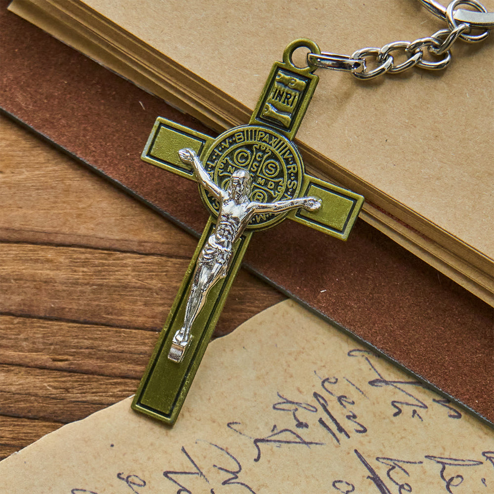 Christianartworkshop Two Tone St. Benedict & INRI Crucifix Keychain: Antique Religious Tokens - Antique Bronze - image 2