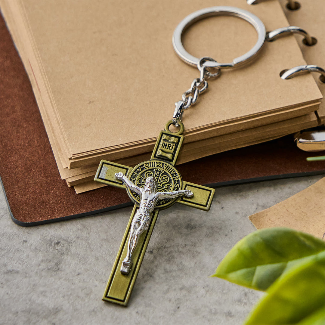 Christianartworkshop Two Tone St. Benedict & INRI Crucifix Keychain: Antique Religious Tokens - image 4