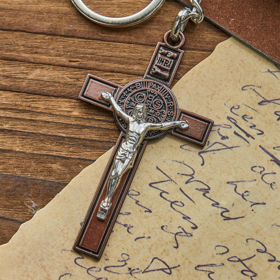 Christianartworkshop Two Tone St. Benedict & INRI Crucifix Keychain: Antique Religious Tokens - Antique Copper - image 1