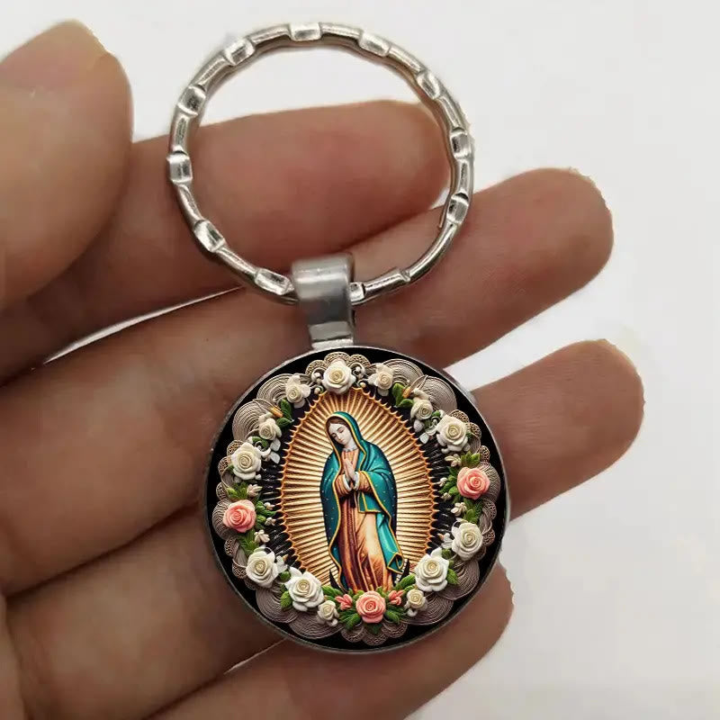 Christianartworkshop Elegant Virgin Mary Pendant Keychain: Medal of Faith and Floral Beauty - image 5