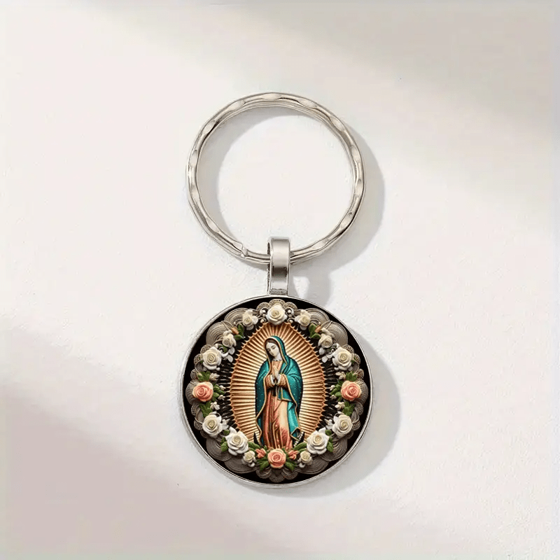 Christianartworkshop Elegant Virgin Mary Pendant Keychain: Medal of Faith and Floral Beauty - image 4