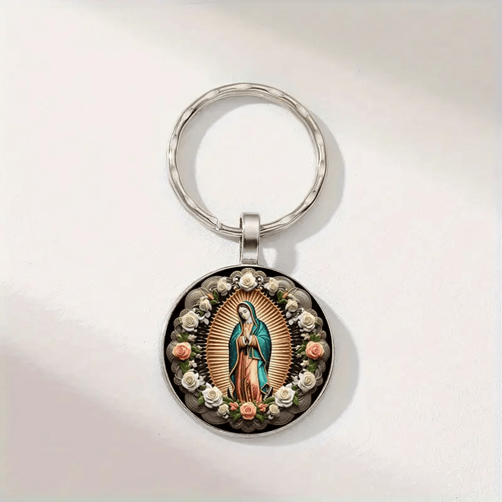 Christianartworkshop Elegant Virgin Mary Pendant Keychain: Medal of Faith and Floral Beauty - image 4
