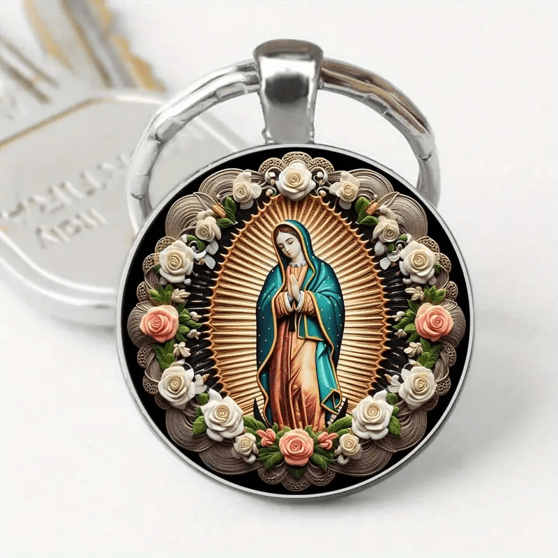 Christianartworkshop Elegant Virgin Mary Pendant Keychain: Medal of Faith and Floral Beauty - Our Lady - image 1