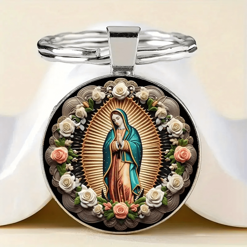 Christianartworkshop Elegant Virgin Mary Pendant Keychain: Medal of Faith and Floral Beauty - image 2