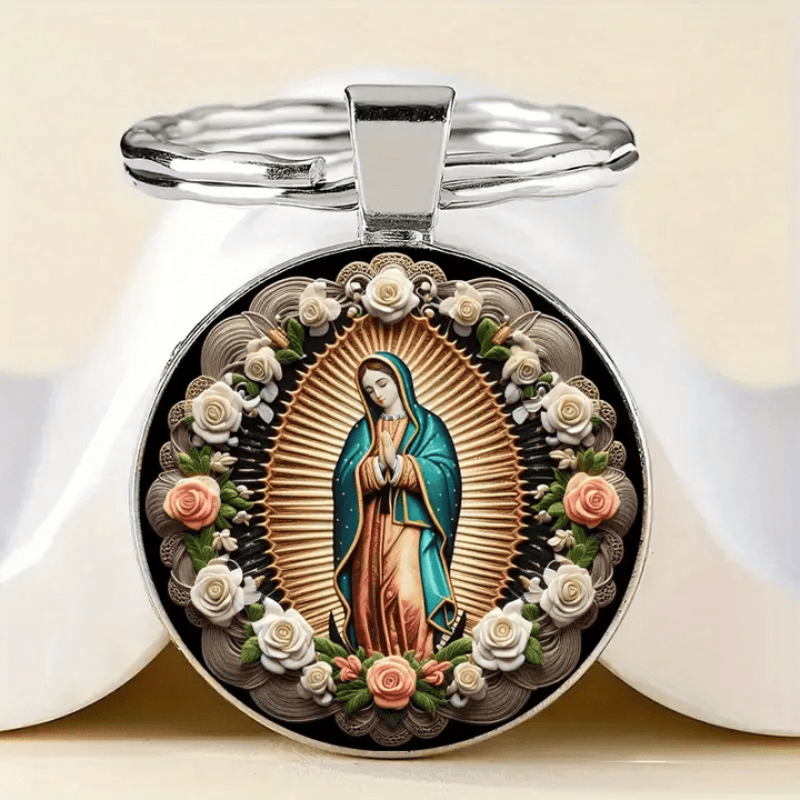 Christianartworkshop Elegant Virgin Mary Pendant Keychain: Medal of Faith and Floral Beauty - image 2