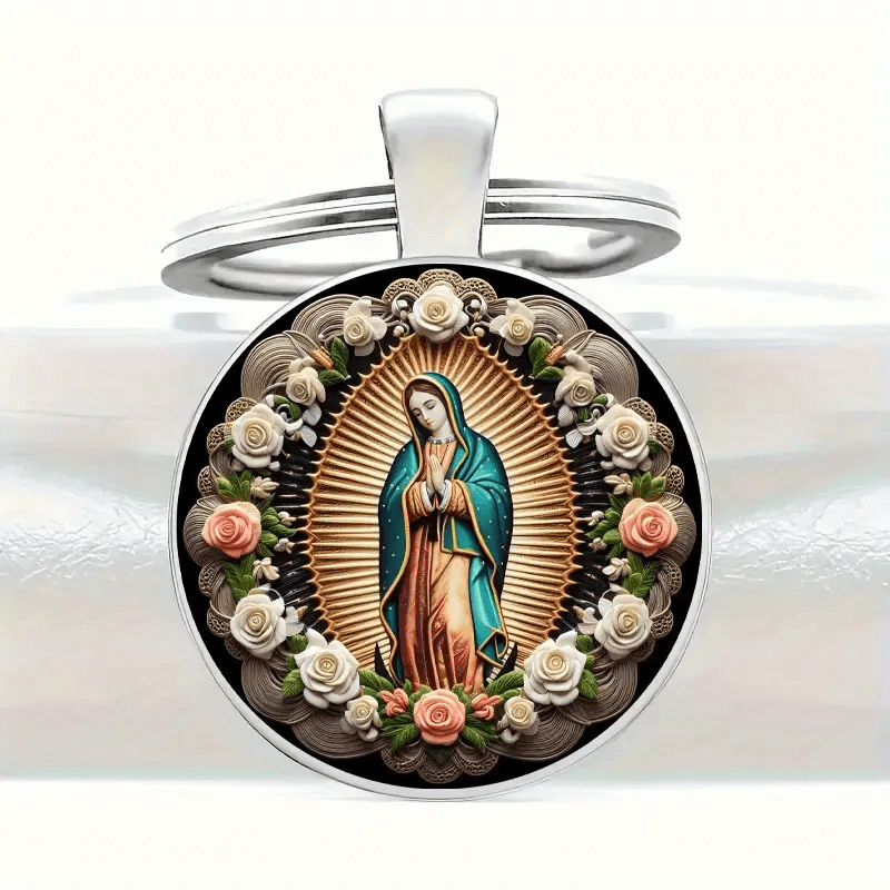Christianartworkshop Elegant Virgin Mary Pendant Keychain: Medal of Faith and Floral Beauty - image 3