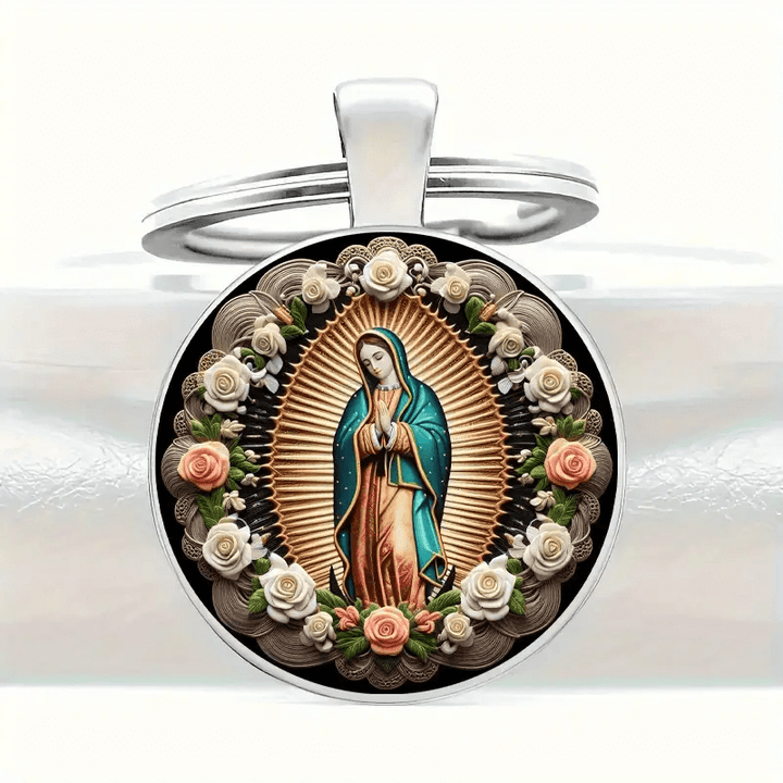 Christianartworkshop Elegant Virgin Mary Pendant Keychain: Medal of Faith and Floral Beauty - image 3