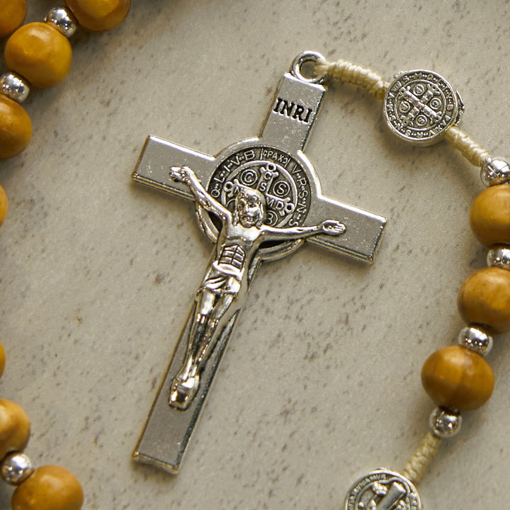 Christianartworkshop St. Benedict Pendant & INRI Crucifix of 8mm Brown Wooden Beads Hemp Cord Rosary - image 4