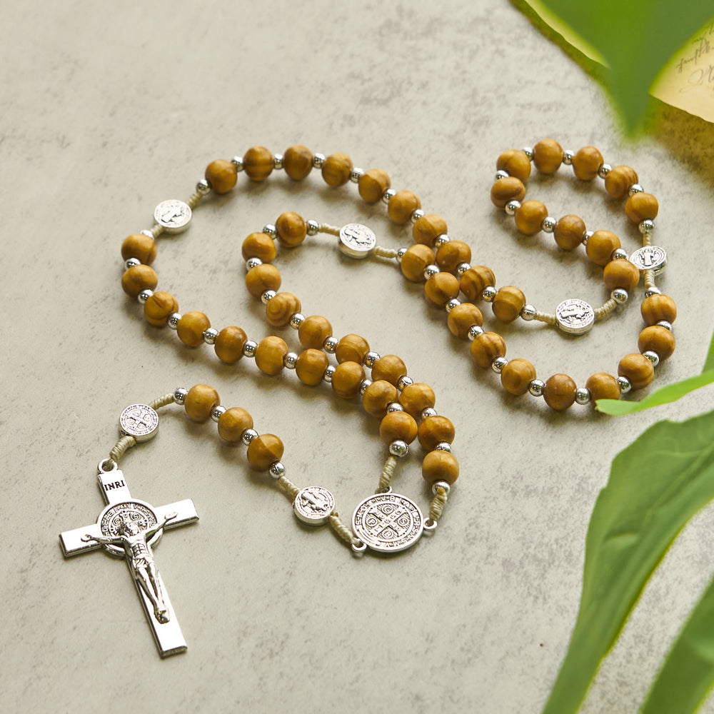 Christianartworkshop St. Benedict Pendant & INRI Crucifix of 8mm Brown Wooden Beads Hemp Cord Rosary - image 2