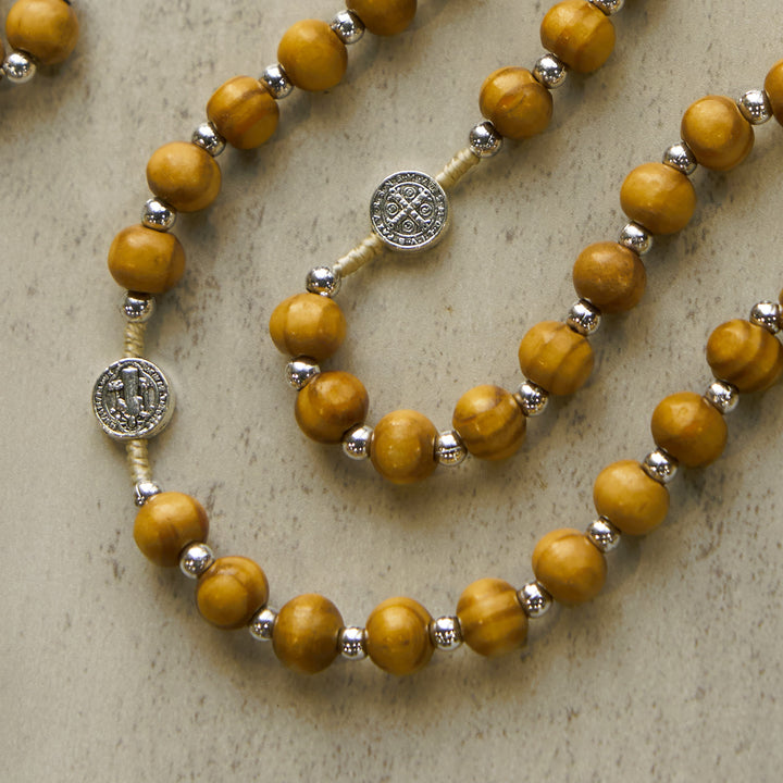 Christianartworkshop St. Benedict Pendant & INRI Crucifix of 8mm Brown Wooden Beads Hemp Cord Rosary - image 5
