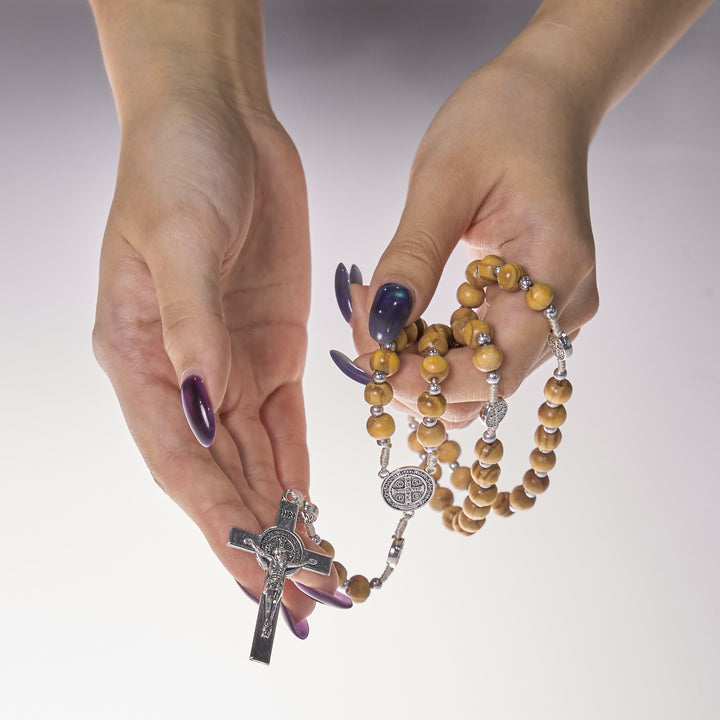 Christianartworkshop St. Benedict Pendant & INRI Crucifix of 8mm Brown Wooden Beads Hemp Cord Rosary - image 6