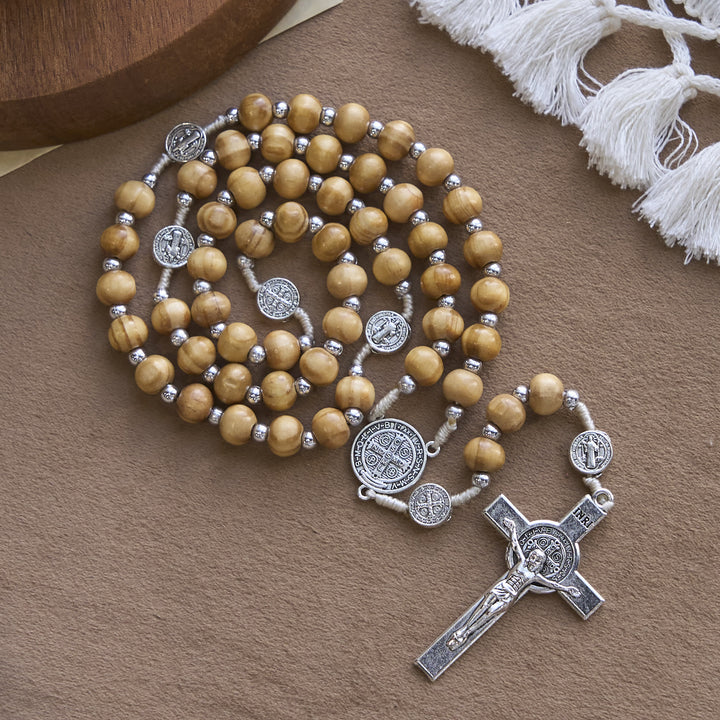 Christianartworkshop St. Benedict Pendant & INRI Crucifix of 8mm Brown Wooden Beads Hemp Cord Rosary - image 3