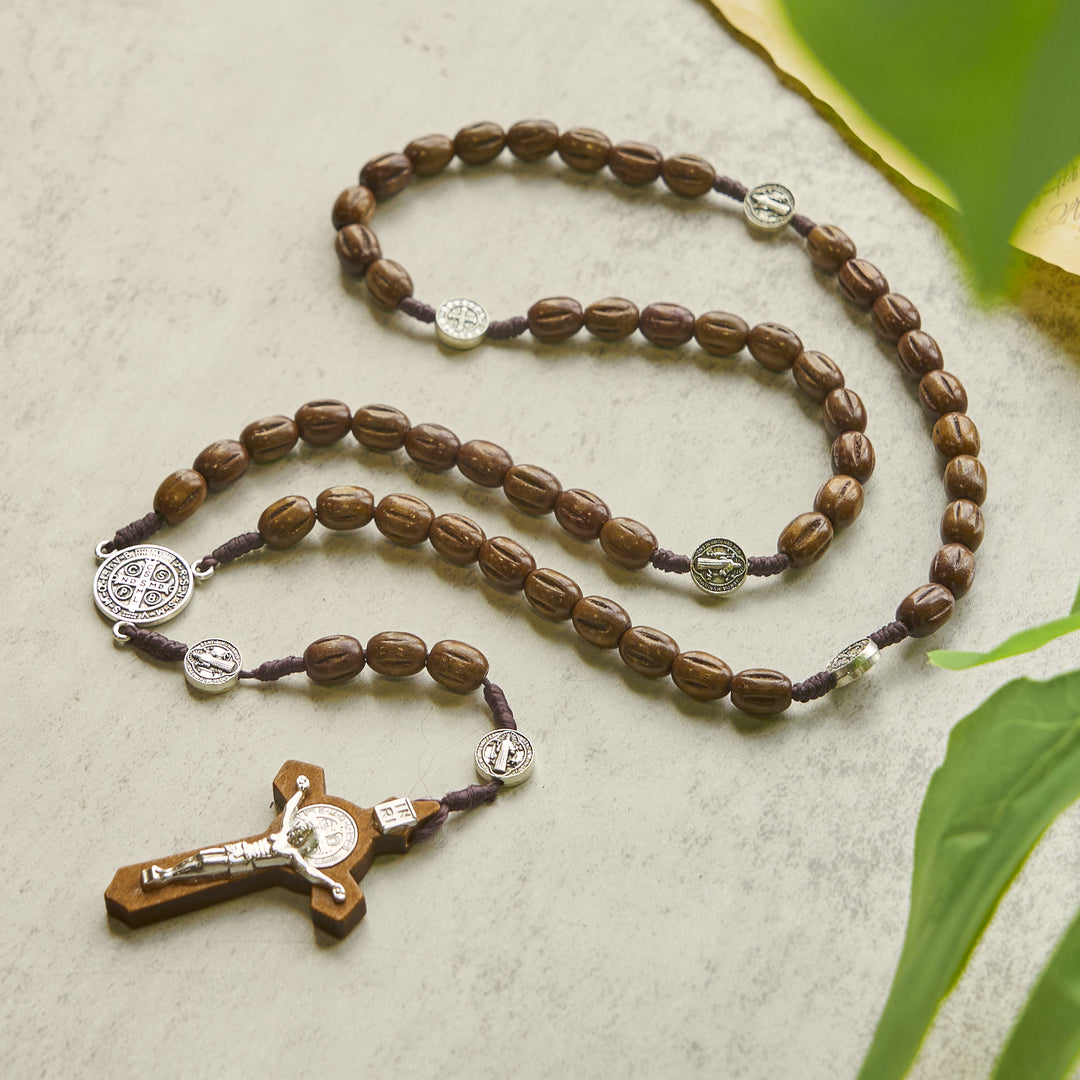 Christianartworkshop Retro Style 10mm Matte Brown Rosary with St. Benedict Charm & INRI Crucifix Rosary - St. Benedict & Crucifix - image 1
