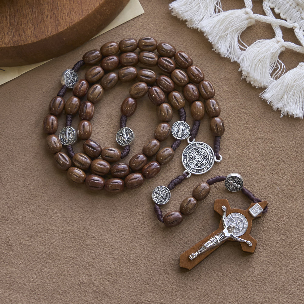 Christianartworkshop Retro Style 10mm Matte Brown Rosary with St. Benedict Charm & INRI Crucifix Rosary - image 2