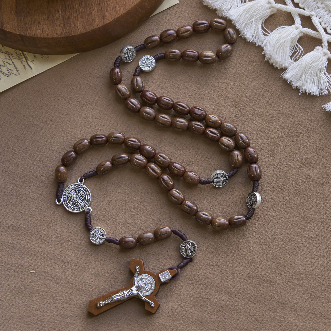 Christianartworkshop Retro Style 10mm Matte Brown Rosary with St. Benedict Charm & INRI Crucifix Rosary - image 3