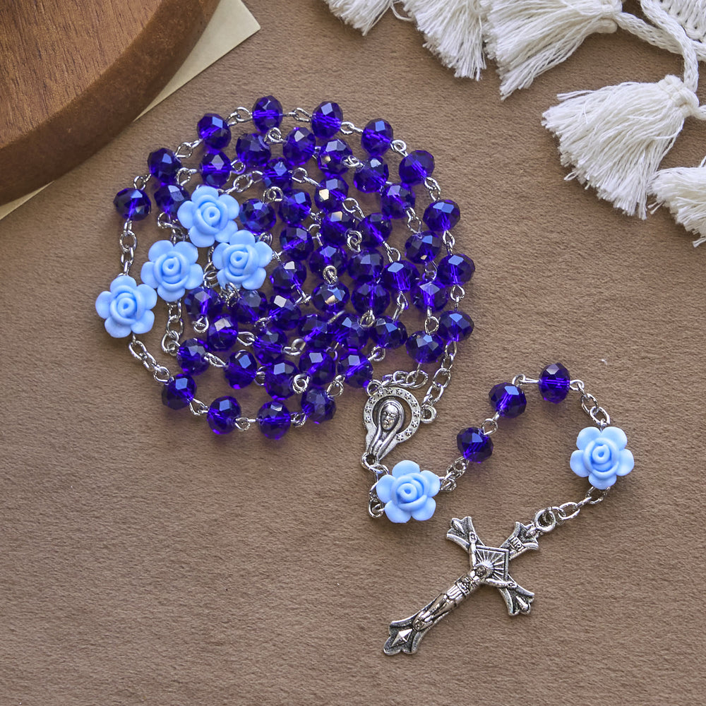 Christianartworkshop Floral Rose Beads and 8mm Multicolor Polyhedral Rosary with Virgin Mary Charm & Crucifix - image 2