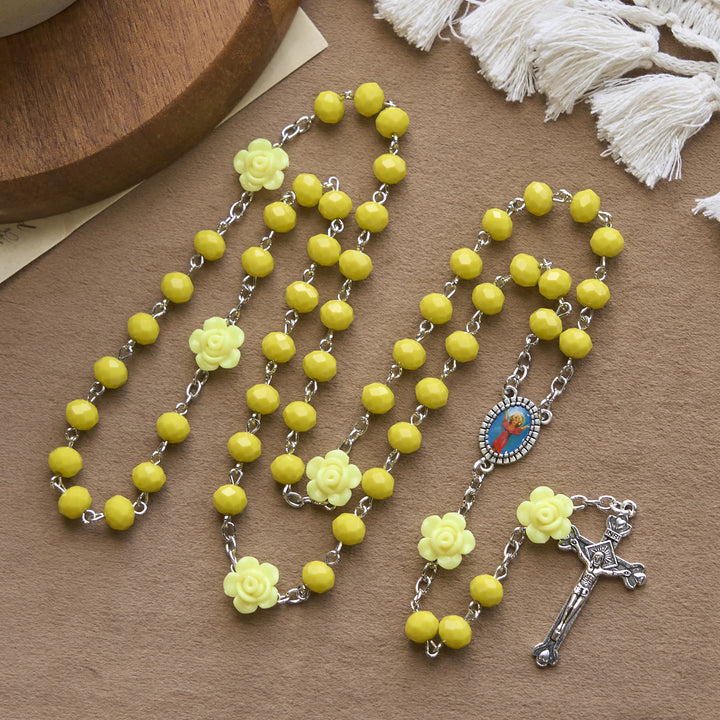 Christianartworkshop Floral Rose Beads and 8mm Multicolor Polyhedral Rosary with Virgin Mary Charm & Crucifix - Yellow - image 6
