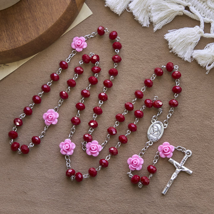 Christianartworkshop Floral Rose Beads and 8mm Multicolor Polyhedral Rosary with Virgin Mary Charm & Crucifix - Red - image 11