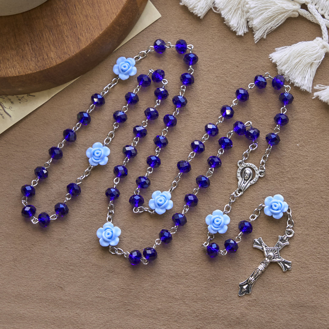 Christianartworkshop Floral Rose Beads and 8mm Multicolor Polyhedral Rosary with Virgin Mary Charm & Crucifix - Blue - image 1