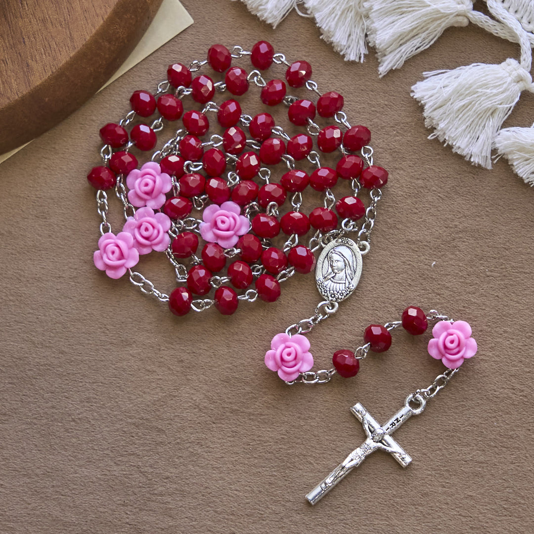 Christianartworkshop Floral Rose Beads and 8mm Multicolor Polyhedral Rosary with Virgin Mary Charm & Crucifix - image 12