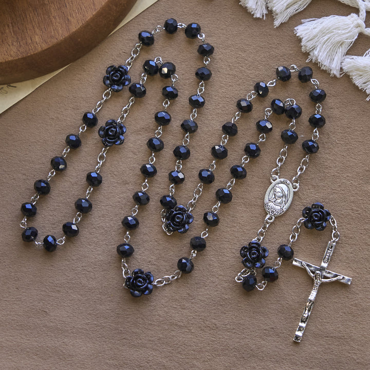 Christianartworkshop Floral Rose Beads and 8mm Multicolor Polyhedral Rosary with Virgin Mary Charm & Crucifix - Black - image 16