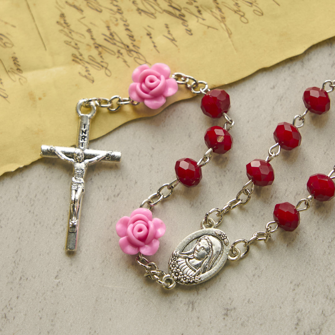 Christianartworkshop Floral Rose Beads and 8mm Multicolor Polyhedral Rosary with Virgin Mary Charm & Crucifix - image 13