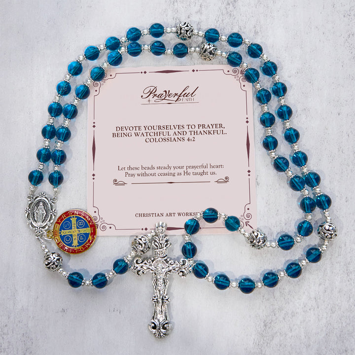 Christianartworkshop PRAYERFUL FAITH: Handmade Crucifix Clear Blue Glass Rosary with Gift Card