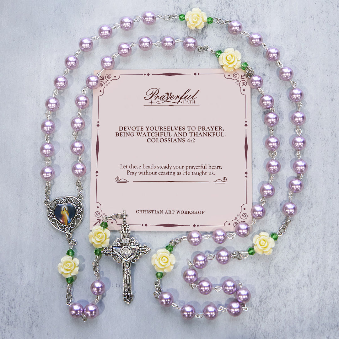 Christianartworkshop PRAYERFUL FAITH: Handmade Purple Pearl & Flower Divine Mercy Rosary with Gift Card