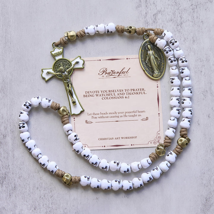 Christianartworkshop PRAYERFUL FAITH: Rebel Style White Skull Beads Rosary with Gift Card