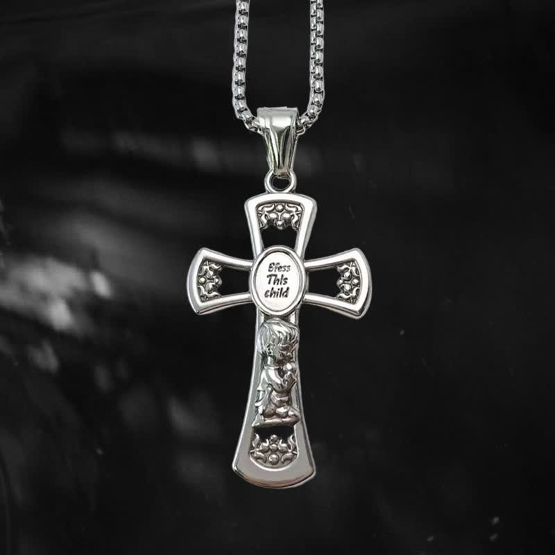 Christianartworkshop God Bless This Child Cross Prayer Necklace - Silver-Color - image 5