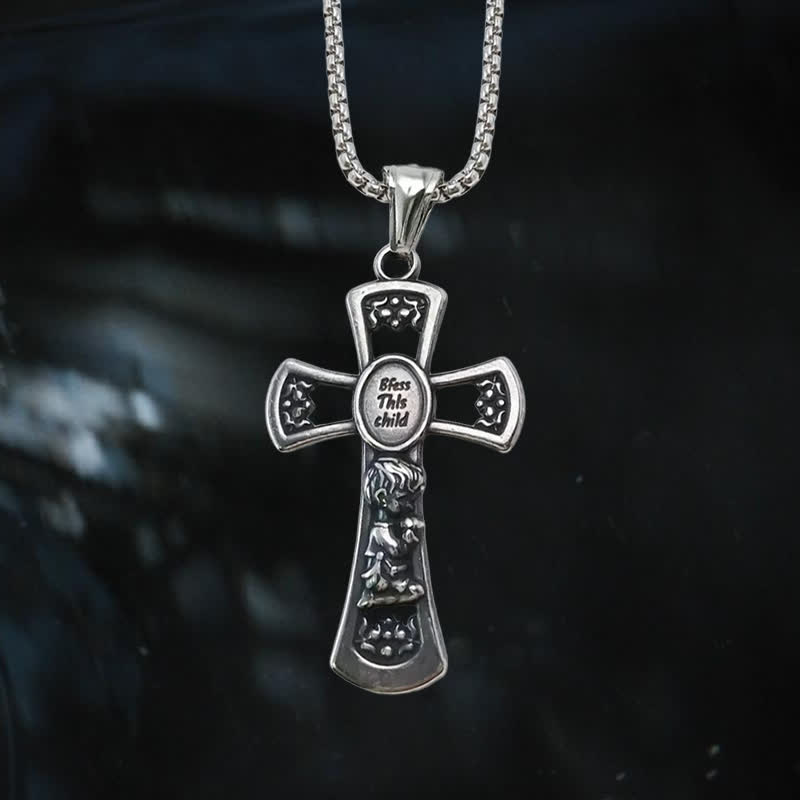 Christianartworkshop God Bless This Child Cross Prayer Necklace - Retro Silver - image 1