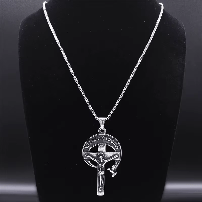Christianartworkshop Retro Style Antique Sacred Crucifix with Dove of the Holy Spirit & Veni Creator Spiritus
