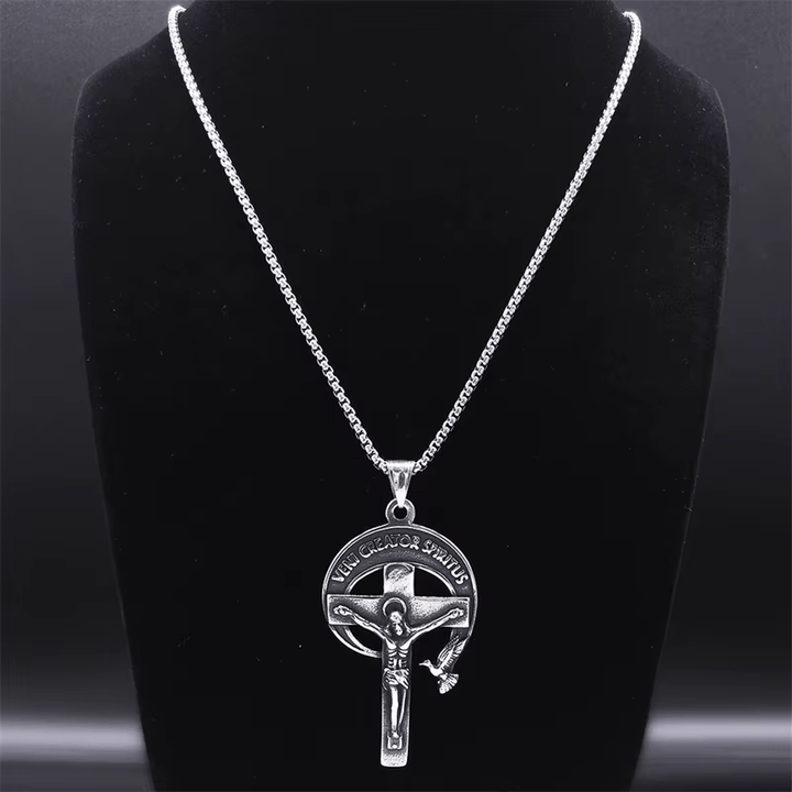 Christianartworkshop Retro Style Antique Sacred Crucifix with Dove of the Holy Spirit & Veni Creator Spiritus