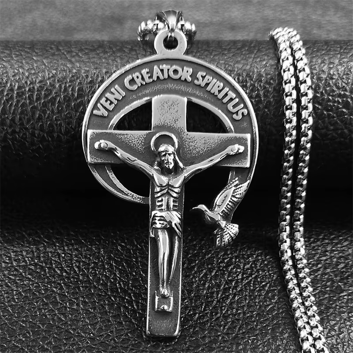 Christianartworkshop Retro Style Antique Sacred Crucifix with Dove of the Holy Spirit & Veni Creator Spiritus
