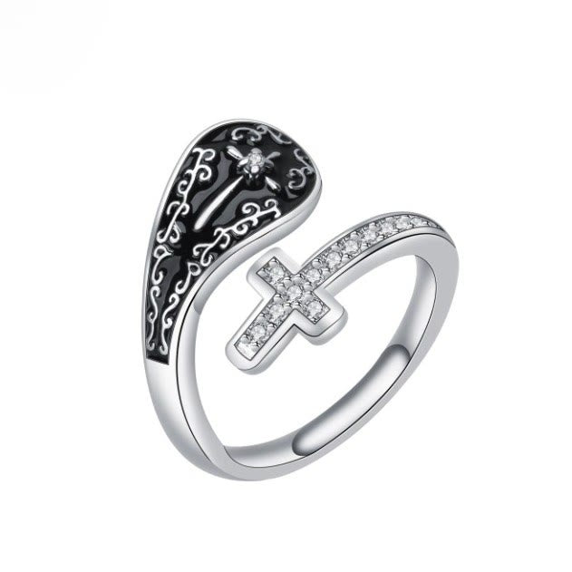 Christianartworkshop Classic Adjustable Artisan Faith Cross Ring with Baroque Patterns and Black Inlay - image 5
