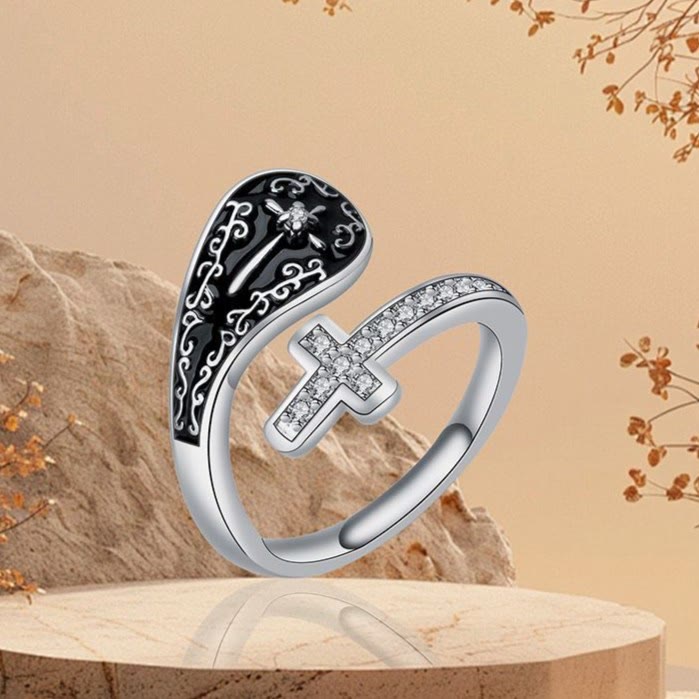 Christianartworkshop Classic Adjustable Artisan Faith Cross Ring with Baroque Patterns and Black Inlay - Adjustable - image 1