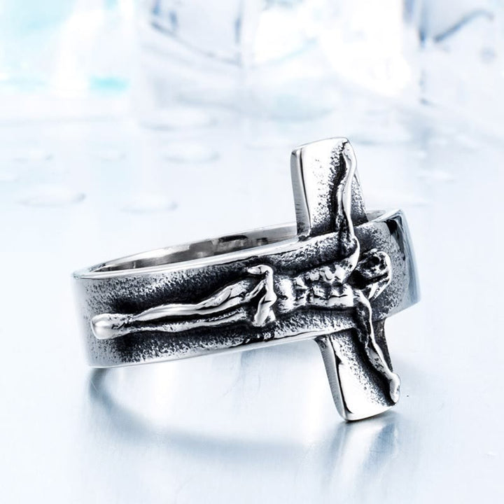 Christianartworkshop Vintage Crucifix Relief Stainless Steel Ring: Strength Through Sacred Sacrifice - image 2