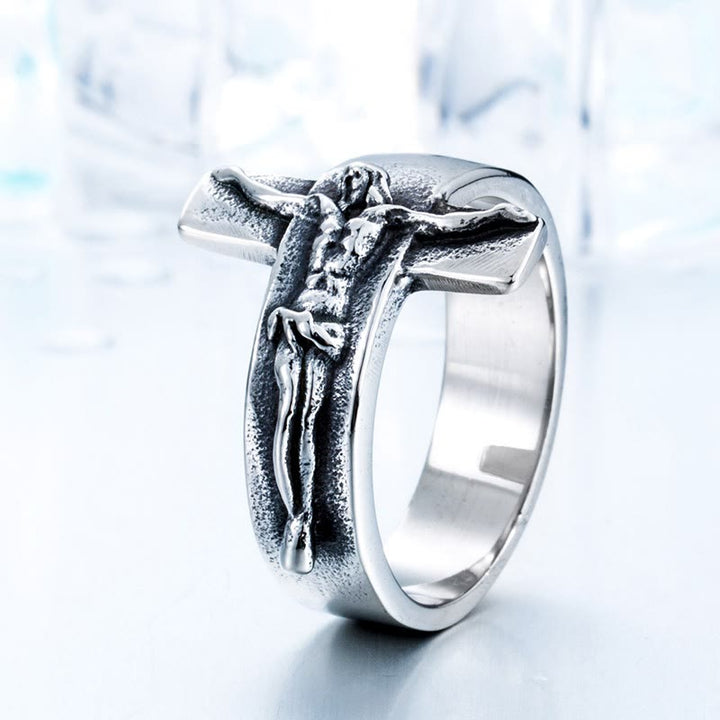 Christianartworkshop Vintage Crucifix Relief Stainless Steel Ring: Strength Through Sacred Sacrifice - US13 - image 0